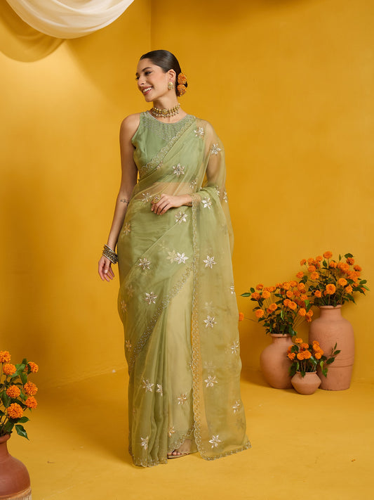 Woman wearing mint green pure georgette saree with ornamented surface design and mint green blouse