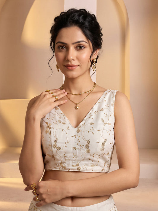 White sequin embroidered vichitra silk sleeveless readymade saree blouse with v neck