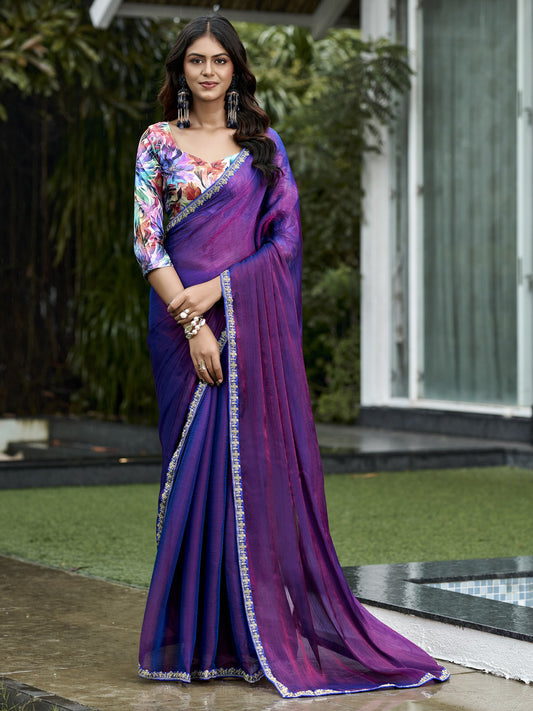 Violet solid chiffon saree with multicolored blouse piece
