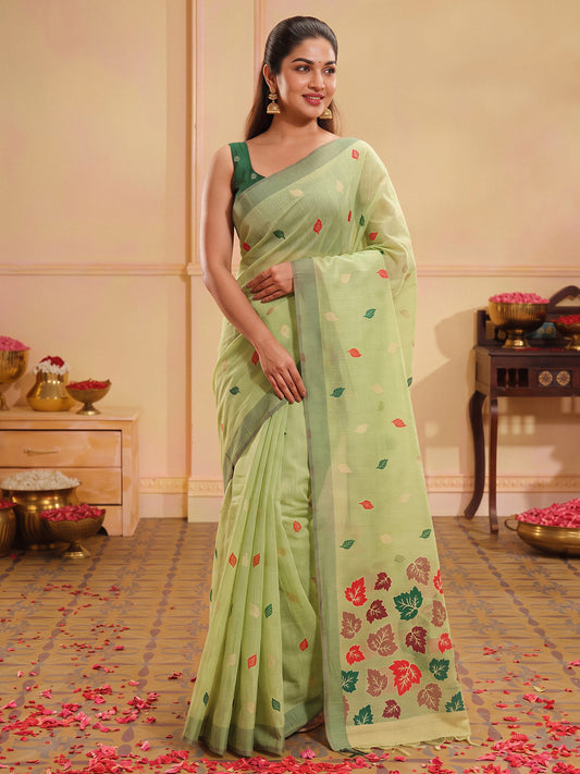 Lime Green zari butta silk blend saree with green blouse piece