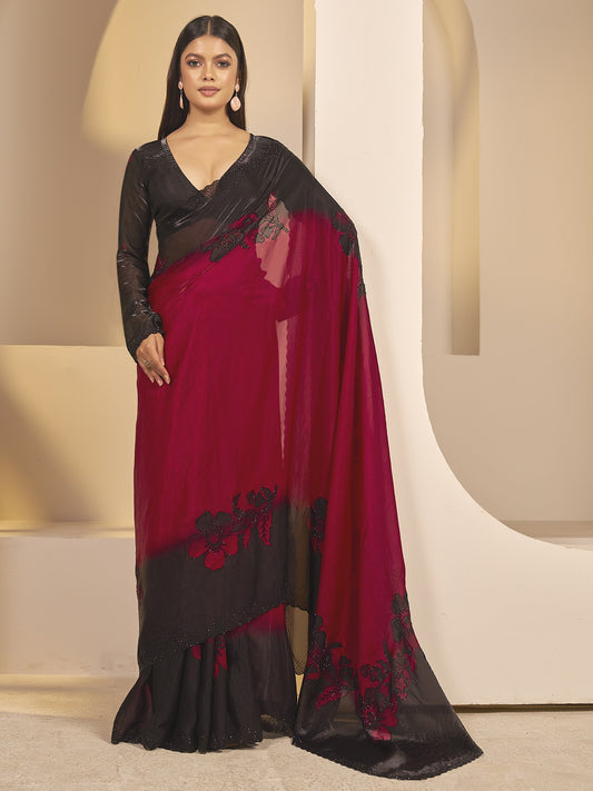 Red embellished satin silk saree with black blouse piece