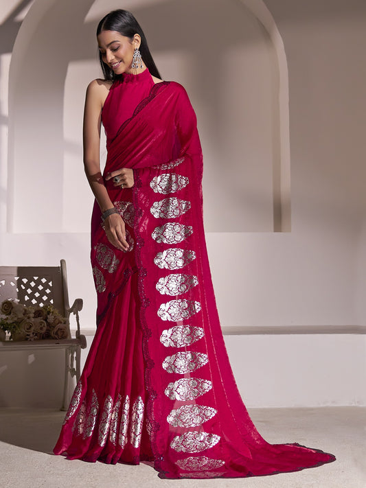 Pink foil satin silk saree with pink blouse piece