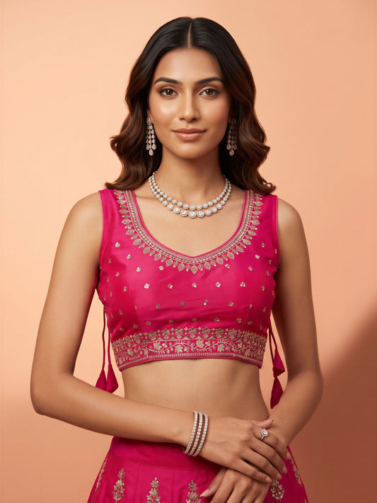Pink sequin embellished silk blend sleeveless readymade saree blouse with round neck