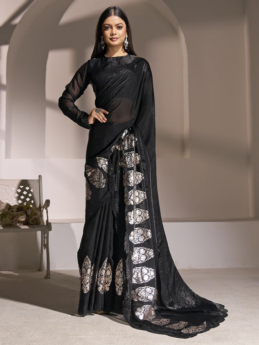 Black foil satin silk saree with black blouse piece