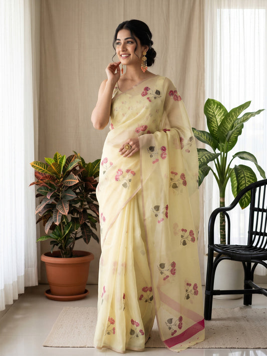 Woman wearing yellow linen blend saree with all-over floral design and yellow blouse