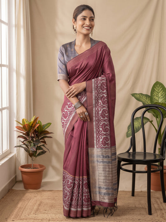 Woman wearing burgundy silk cotton saree with ikat resist-dyed pattern and grey blouse