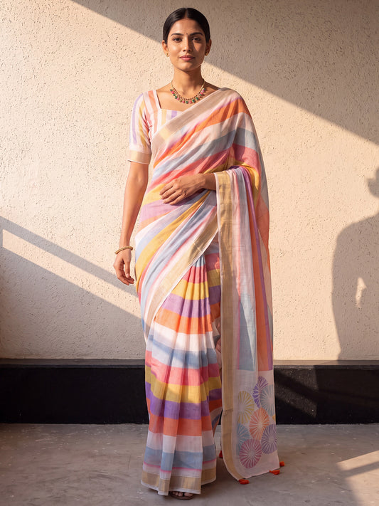 Woman wearing multicolored linen saree with striped pattern design and multicolored blouse