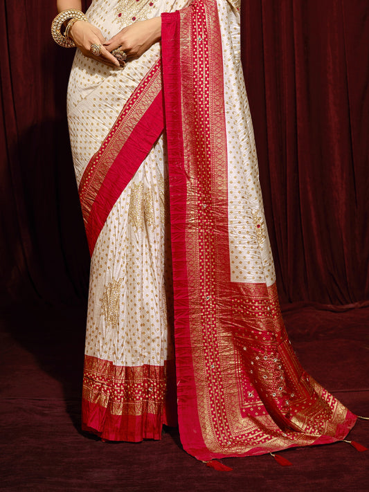 Cream tussar silk saree view 1