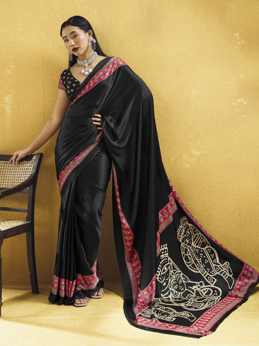 Black ajrak satin saree with black blouse piece