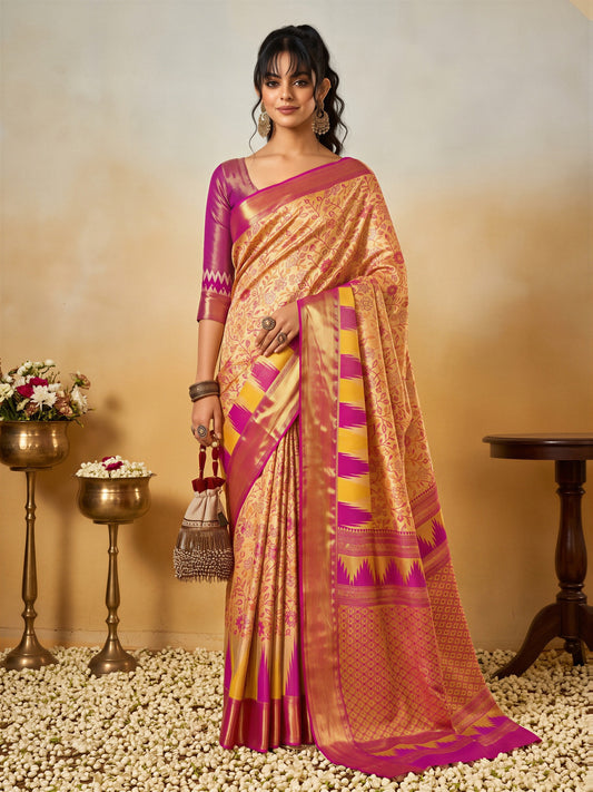 Woman wearing beige silk blend saree with traditional indian motif work and magenta blouse