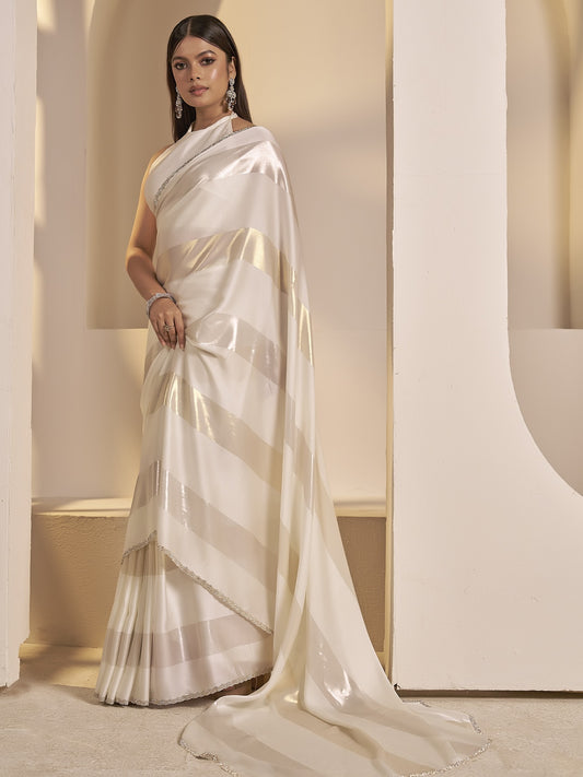 Off White foil satin silk saree with off white blouse piece