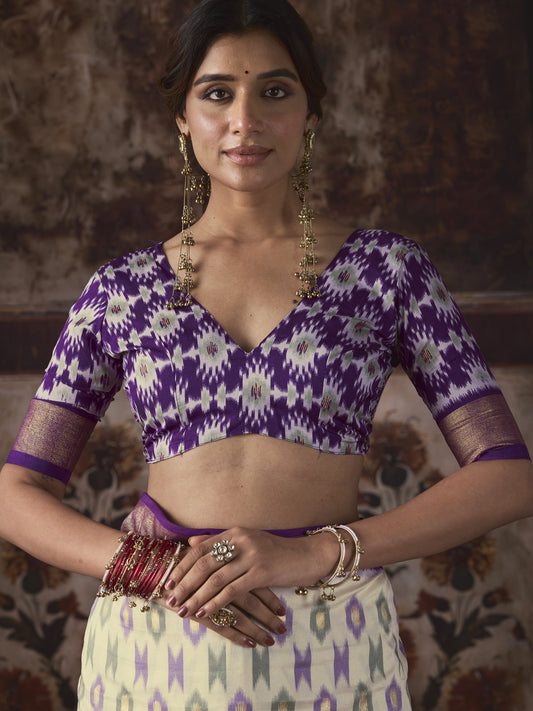 Off White silk blend saree view 1