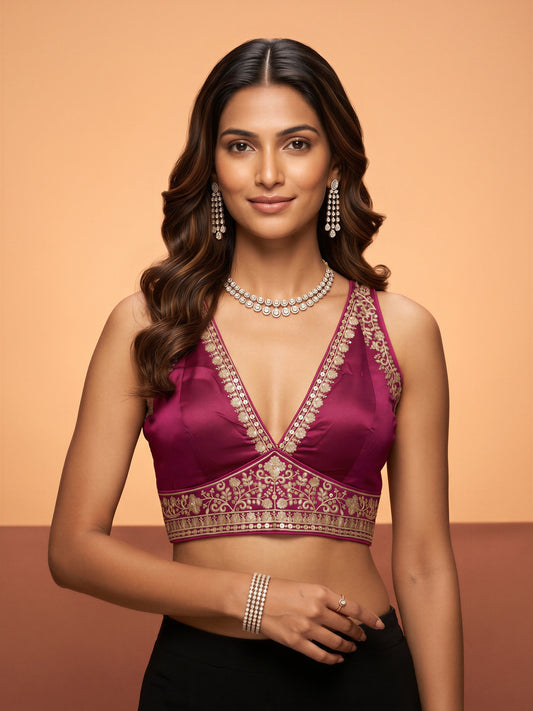 Magenta sequin embellished silk blend sleeveless readymade saree blouse with deep v neck