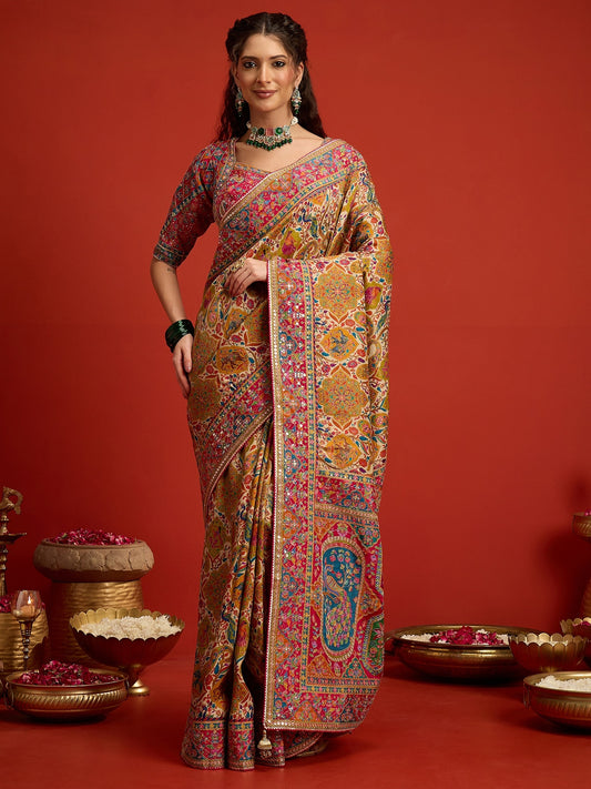 Woman wearing cream silk blend saree with traditional indian motif work and pink blouse