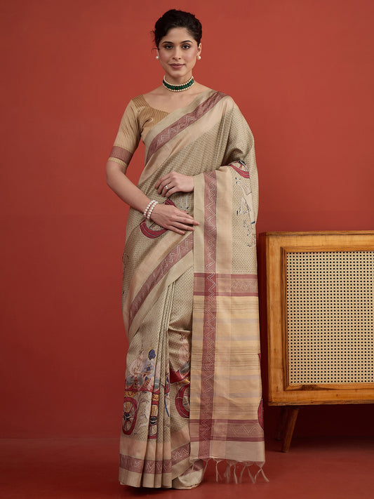 Beige ethnic motif art silk saree with beige blouse piece