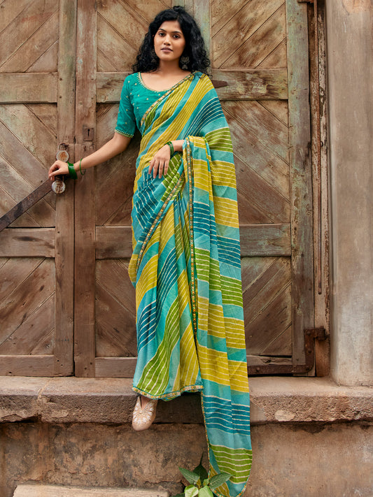 Teal Green leheriya georgette saree with teal green blouse piece