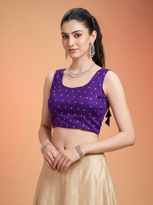 Violet sequin embellished silk blend sleeveless readymade saree blouse with round neck