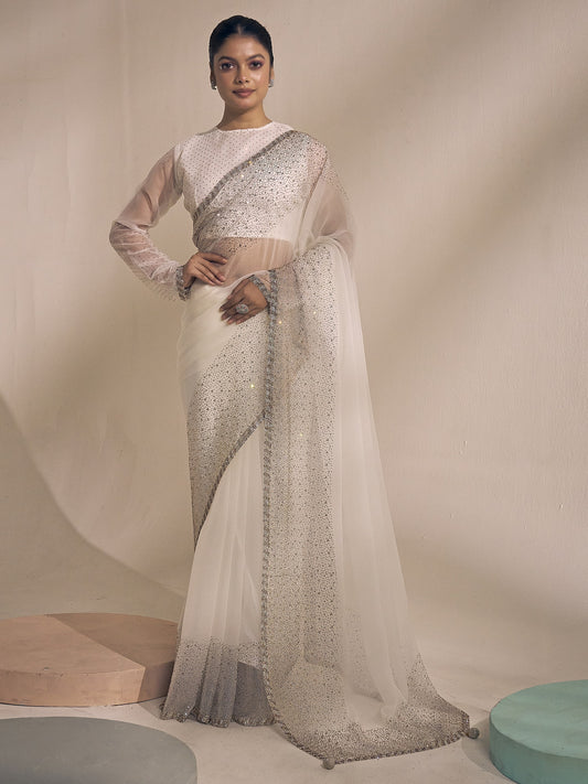 Off White embellished chiffon saree with off white blouse piece