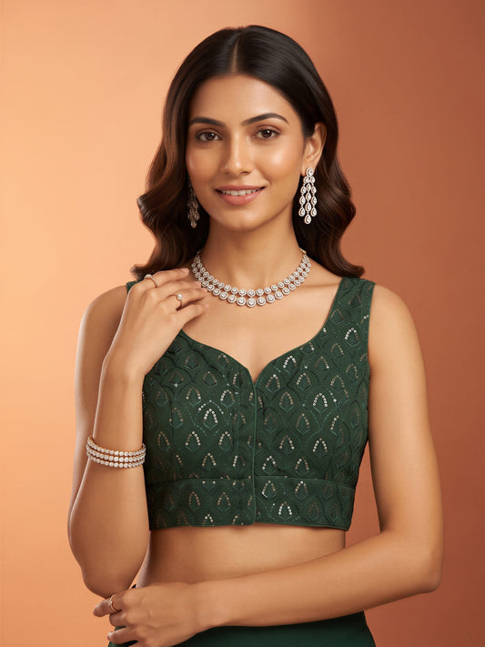 Green sequin embroidered georgette sleeveless readymade saree blouse with sweetheart neck