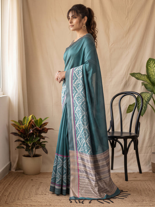Teal Blue Silk Cotton saree – detail view 1