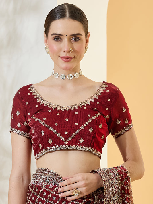 Unstitched maroon satin blouse piece with embroidered design