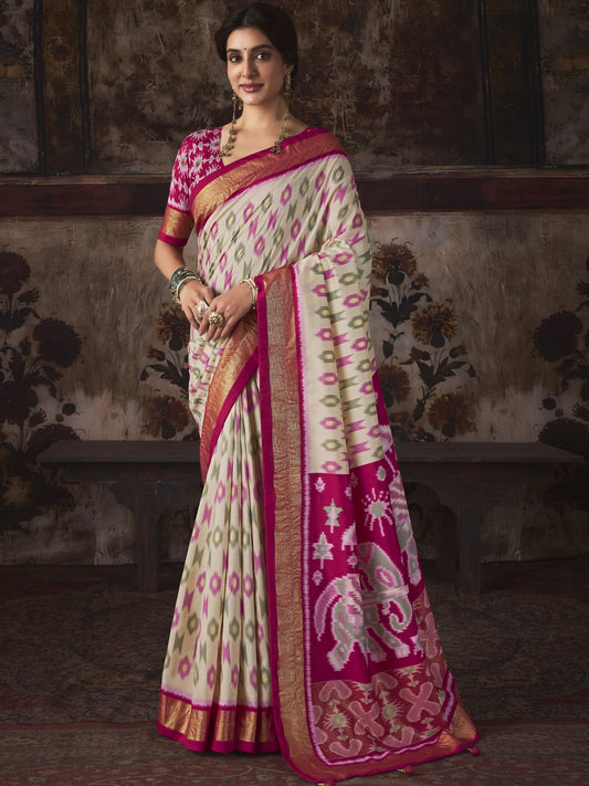 Off White ikat silk blend saree with pink blouse piece