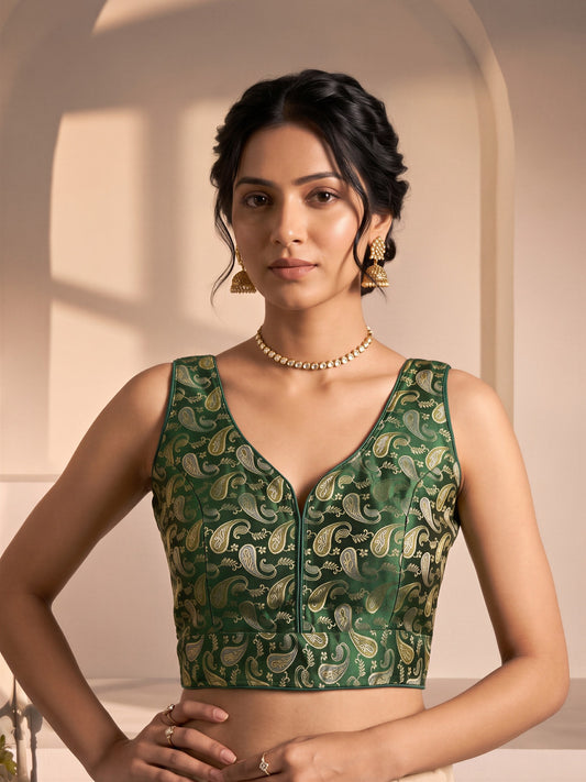 Green woven brocade silk blend sleeveless readymade saree blouse with v neck
