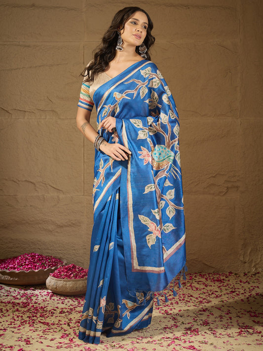 Blue ethnic motif art silk saree with beige blouse piece