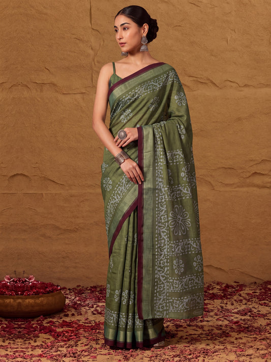 Olive Cotton saree – detail view 1