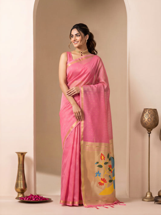Pink silk blend saree view 1