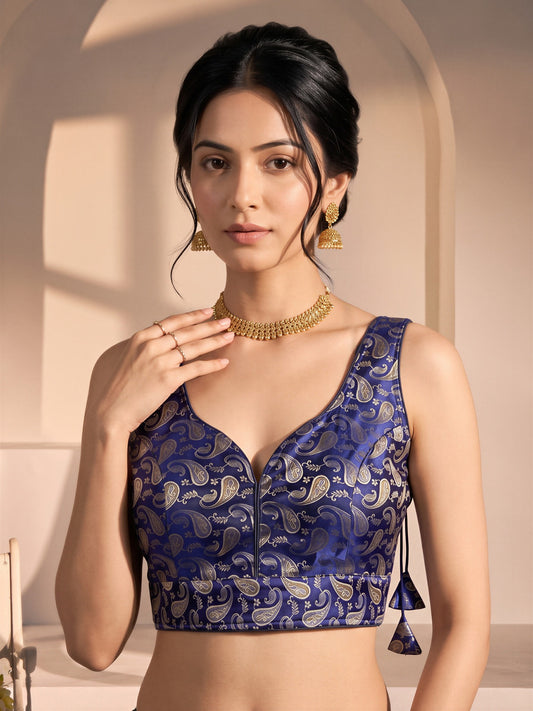 Navy Blue woven brocade silk blend sleeveless readymade saree blouse with v neck