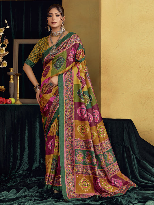 Multicolored floral tussar silk saree with olive blouse piece
