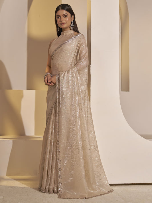 Beige satin silk saree view 1