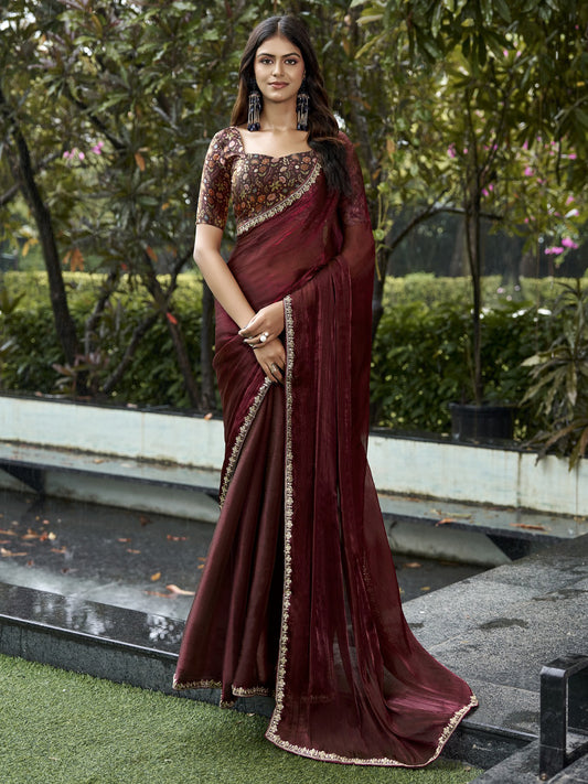 Maroon solid chiffon saree with maroon blouse piece
