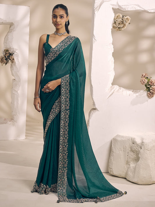 Teal Green solid satin silk saree with teal green blouse piece