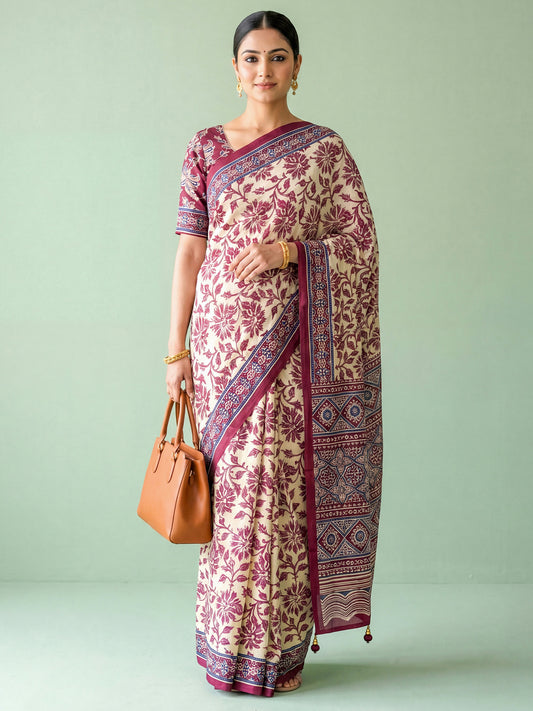 Woman wearing cream satin saree with ajrak block-print motif work and wine blouse