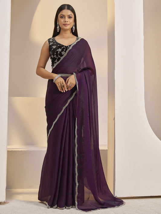 Wine solid satin silk saree with wine blouse piece