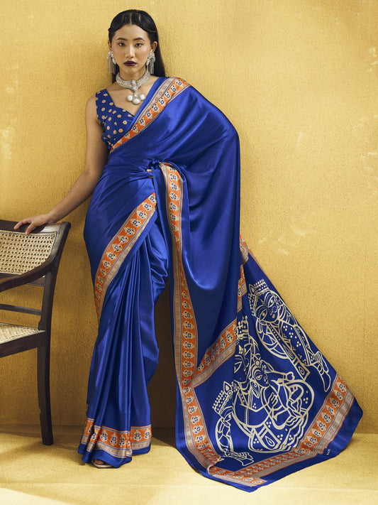 Blue ajrak satin saree with blue blouse piece