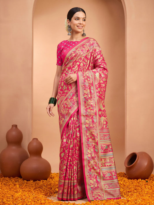 Woman wearing pink silk blend saree with metallic foil print work and pink blouse