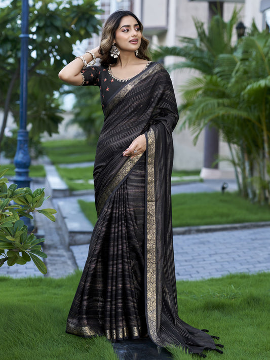 Black striped jacquard saree with black blouse piece