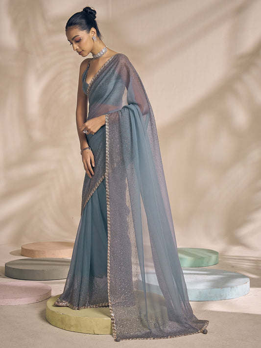 Light Blue chiffon saree view 1