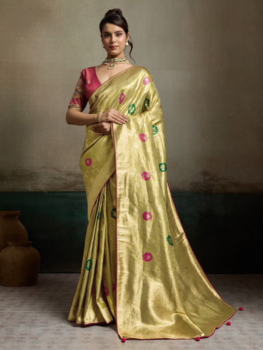 Yellow zari butta banarasi silk saree with pink blouse piece