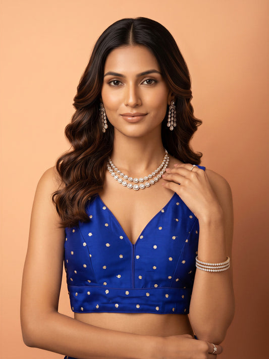 Blue sequin embellished silk blend sleeveless readymade saree blouse with v neck
