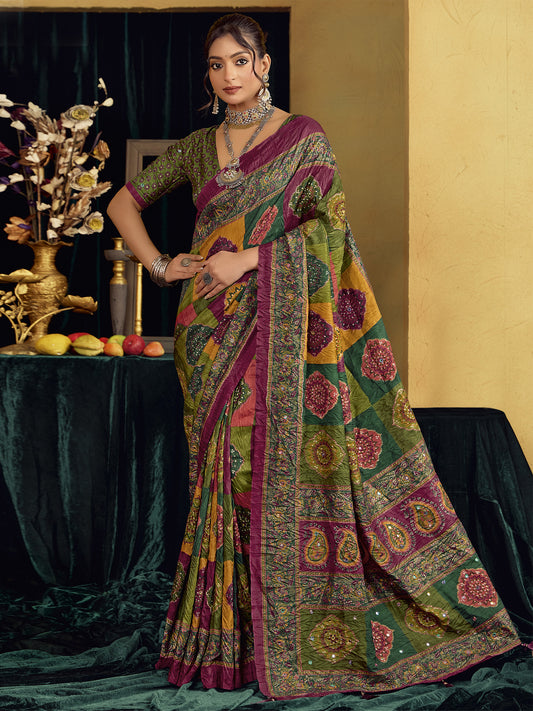 Multicolored floral tussar silk saree with olive blouse piece