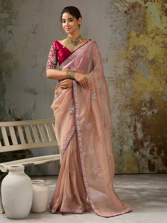 Rose Gold solid tissue saree with maroon blouse piece