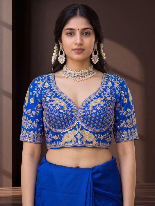 Blue sequin embellished satin silk short-sleeve readymade saree blouse with sweetheart neck