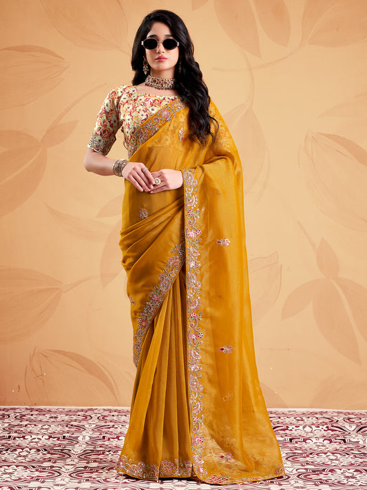 Woman wearing mustard tissue saree with ornamented surface design and multicolored blouse