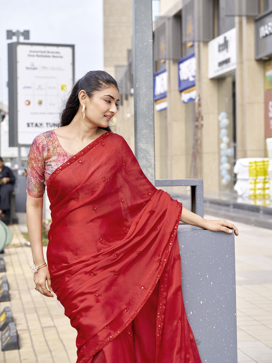 Red Satin Silk saree – detail view 1