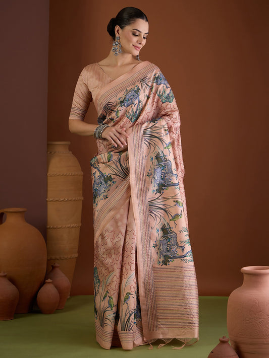 Peach ethnic motif art silk saree with peach blouse piece