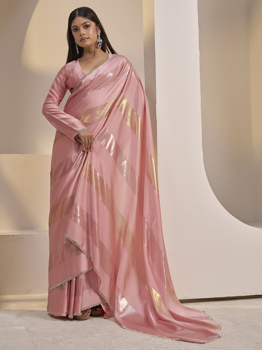 Peach satin silk saree view 1